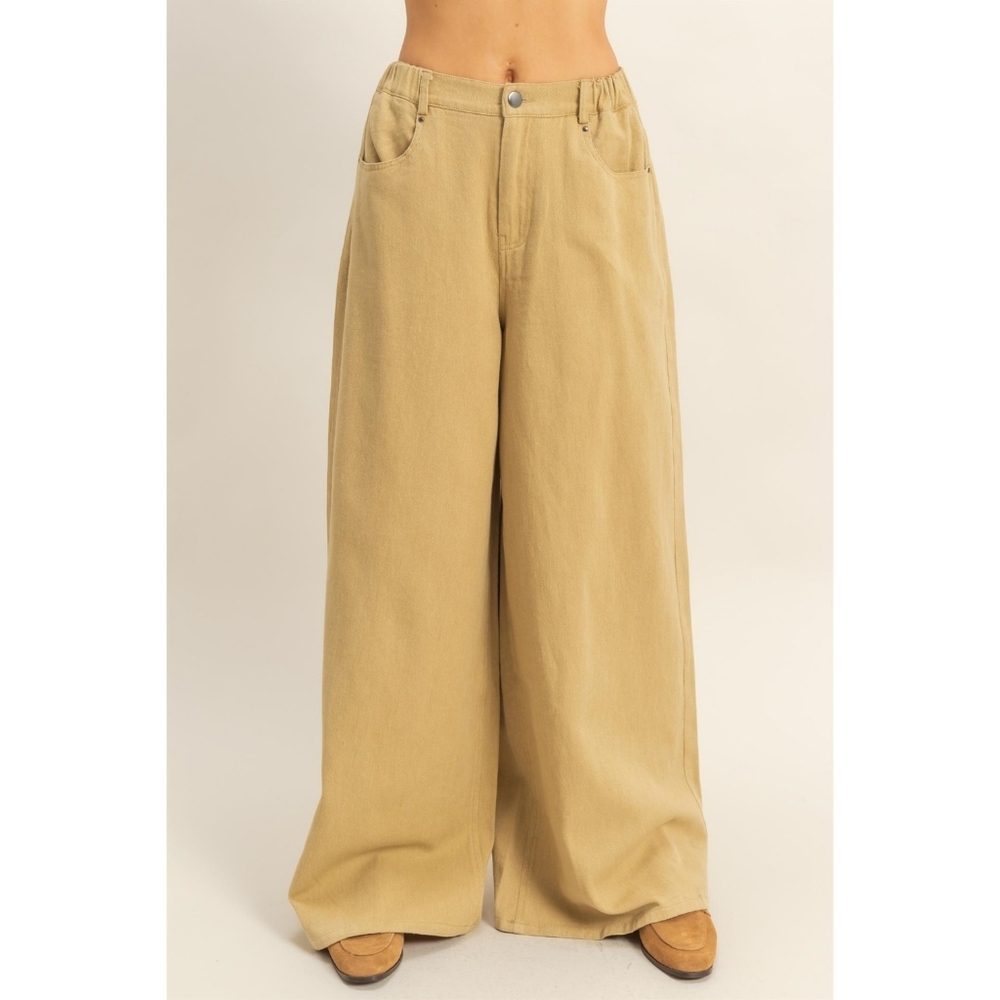 Double Zero Khaki Washed 100% Cotton Wide-Leg Soft Denim Jeans Pants